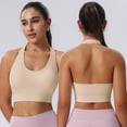 thumbnail image 6 of VISALY Push Up Sports Bras Halter Open Back Sports Bra Built-In Pads Seamless Stretch Crop Tank Top Breathable Slim Fit Workout Yoga Athletic Vest No Show Halter Workout Top Built In Bra Beige L, 6 of 9