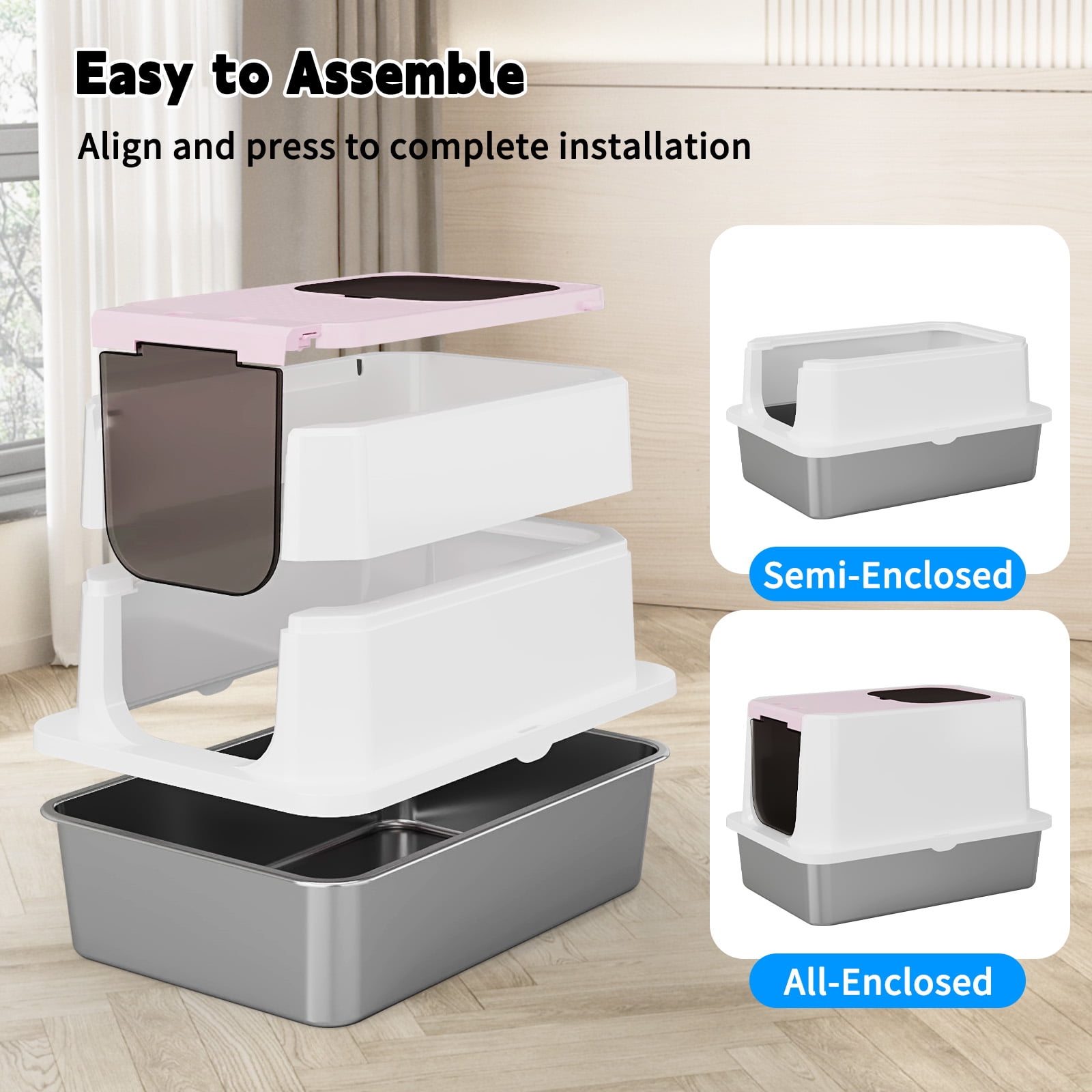 RIZZARI Enclosed Cat Litter Box: Large Top & Front Entry - High-Sided Anti-Scatter Design - Stainless Steel Odor Control - Easy Clean  Non-Stick Coating- Pink Litter Pan