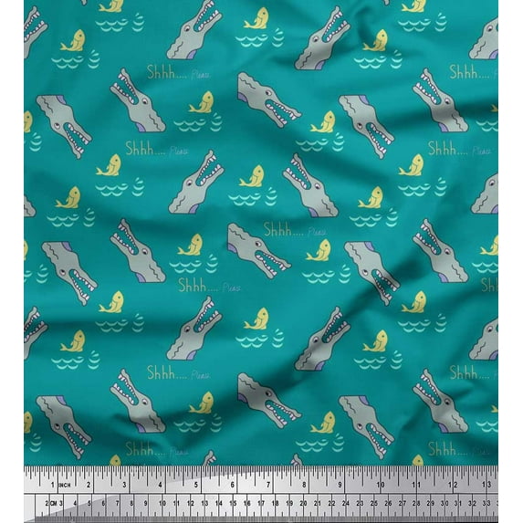 Soimoi Green Cotton Poplin Fabric Crocodile Face & Fish Ocean Print Fabric by the Yard 42 Inch Wide