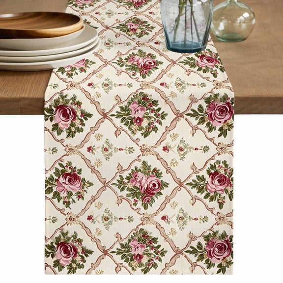 Vintage Pink Red Floral Short Table Runner 48 Inches Long,Farmhouse Flower Green Leaf Cotton Linen Table Runners Dresser Scarves,Fabric Tabletop Scarf Furniture Cover for Home Dinner Party 13"x48"