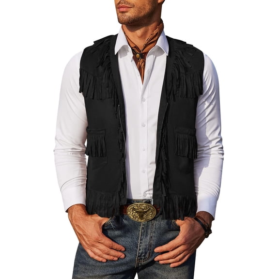 COOFANDY Men's Western Cowboy Vest Casual Fringe Hippie Costume V Neck Zipper Suede Leather Waistcoat