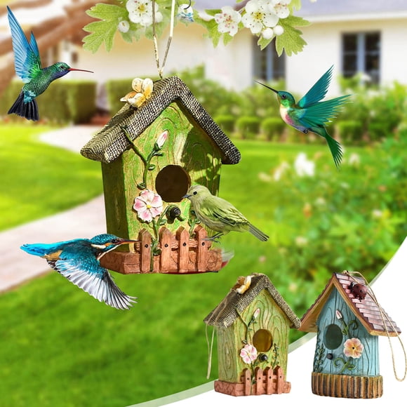 JASKFLY Bird House Resin Hummingbird House for Outdoor Garden Hanging Decorative Bird Hut with Hook,Home Decor|Resin,A