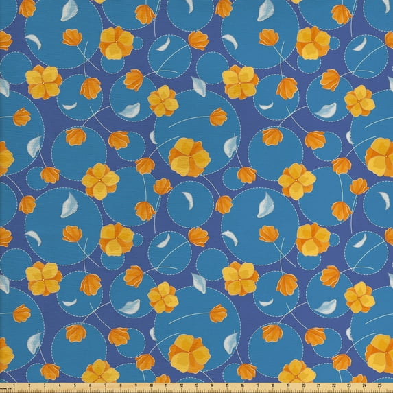 Orange Upholstery Fabric by the Yard, Geometric Floral Pattern with Delicate Petals and Rounds, Decorative Fabric for DIY and Home Accents, Dark Violet Sea Blue by Ambesonne