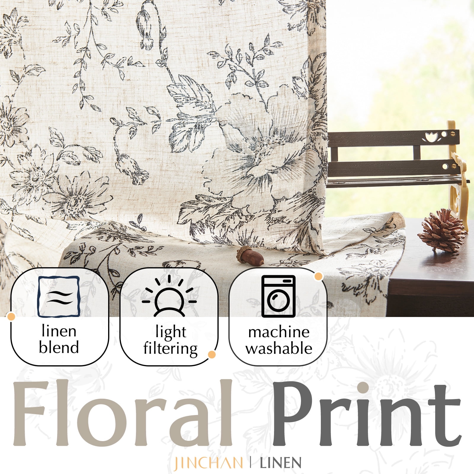 CURTAINKING Linen Curtains Floral Curtains for Living Room 84 Inch Length Black Printed Curtains Rod Pocket Back Tab Farmhouse Peony Flower Patterned Drapes Bedroom Window Curtain Set 2 Panels