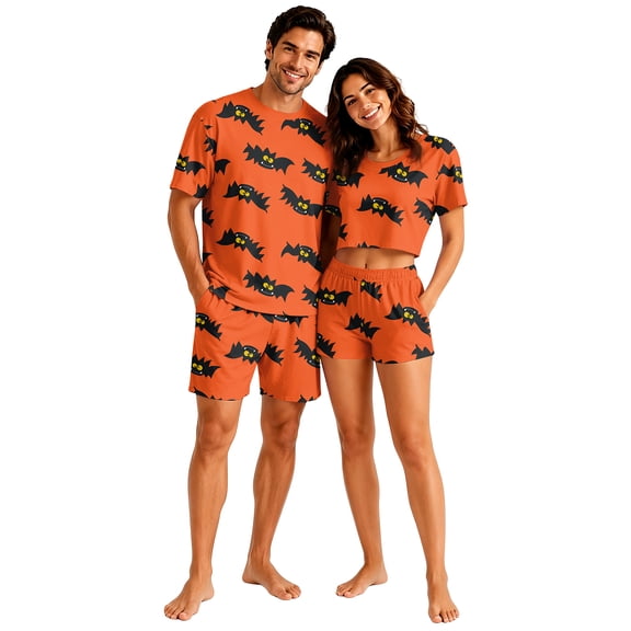 Halloween Pjs, Halloween Couple Matching Pajamas Set, Orange Red Bat Full Print Short Sleeve Loungewear, Crop Top & Shorts Sleepwear, Soft Cozy Spooky Season Holiday Nightwear for Summer Home Wear, L