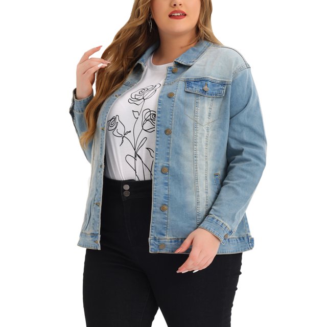 GRACE & GRANDEUR Juniors Plus Size Long Sleeve Button Down Jean Denim Jacket with Pockets