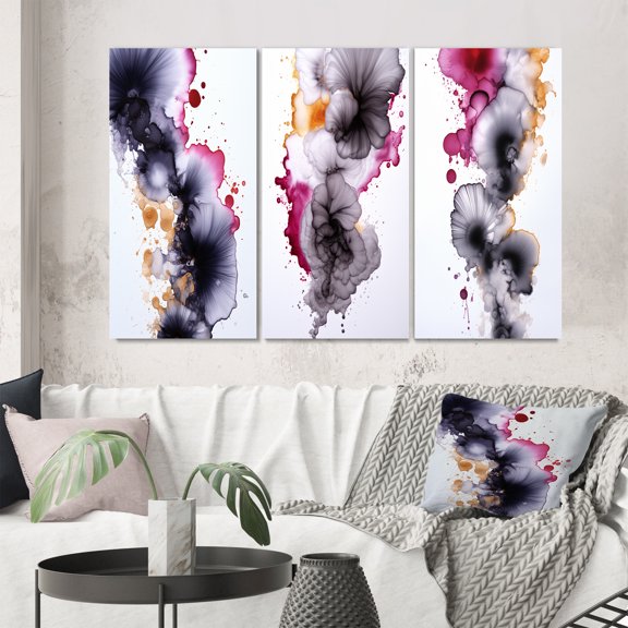 Designart "Fluidity Delicate Magenta and Gold Ink Clouds V" Abstract Painting Wall Art Set Of 3 - Modern Blue Gallery Set For Office Decor