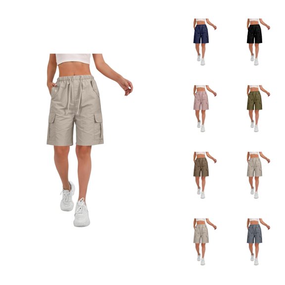 Bermuda Shorts for Women Knee Length Summer Casual Elastic High Waist Wide Straight Leg Loose Fit Cargo Shorts