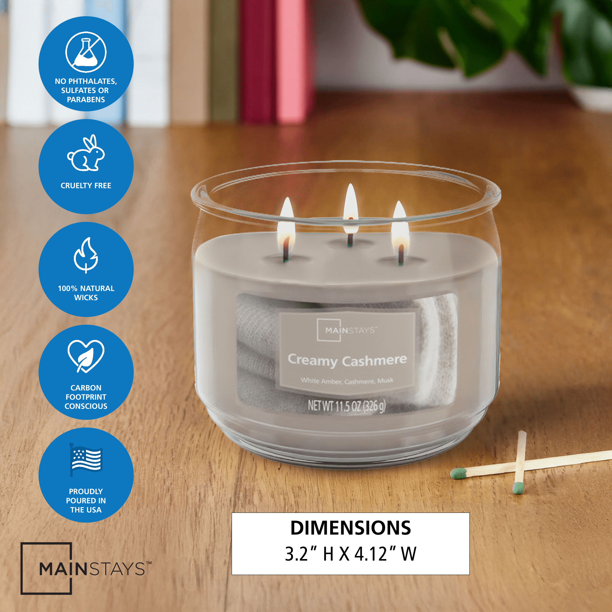 (4 pack) Mainstays 3-Wick Scented Glass Jar Candle, Creamy Cashmere, 11.5 oz