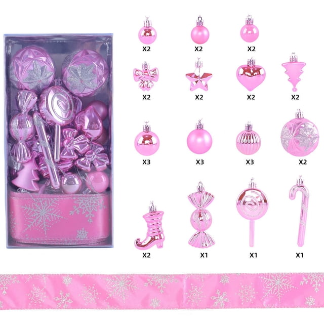 30PC Christmas Painteds Assorted Shape Candy Cane Christmas Ball Ribbon Ornament Set