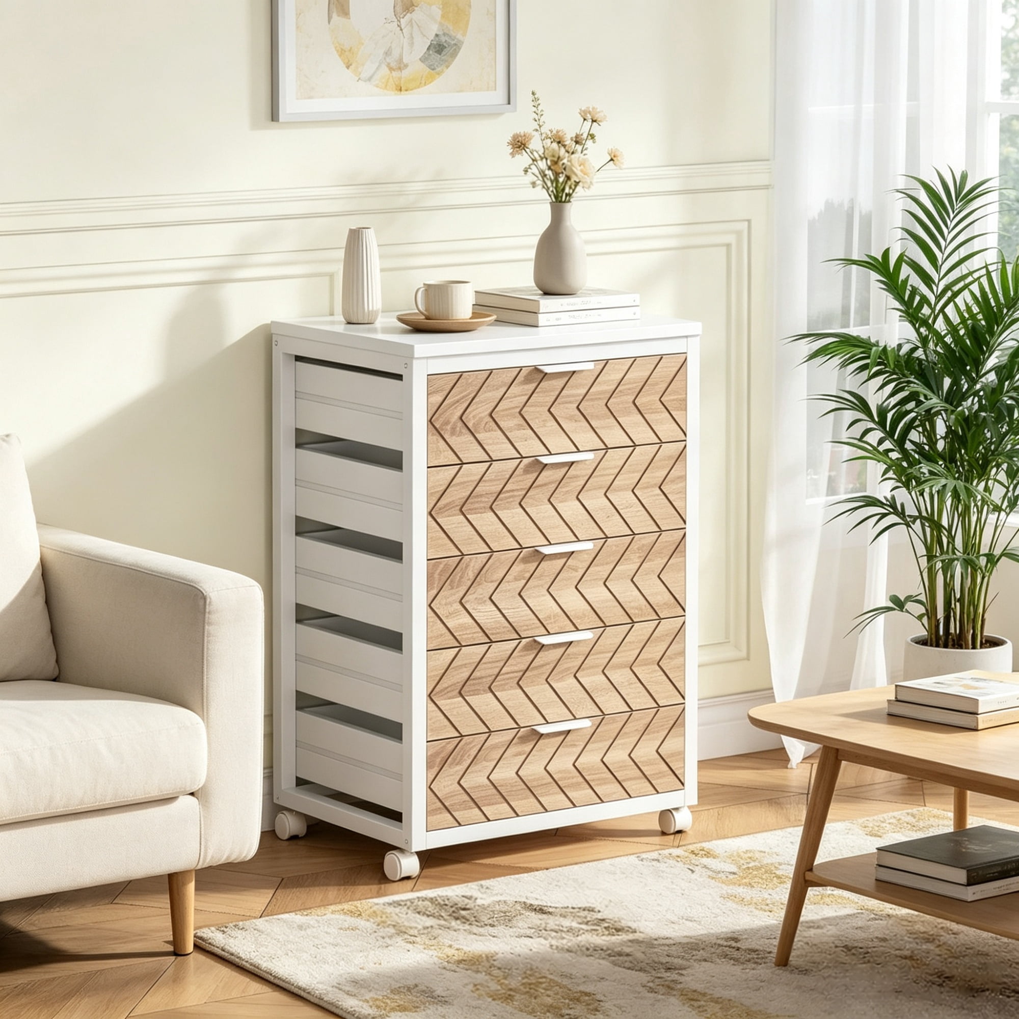 Astoutdoor 5-Drawer Rolling Storage Cabinet with Wood Grain Fronts and Casters, Engineered Wood, 31.89 in x 17.52 in x 6.10 in