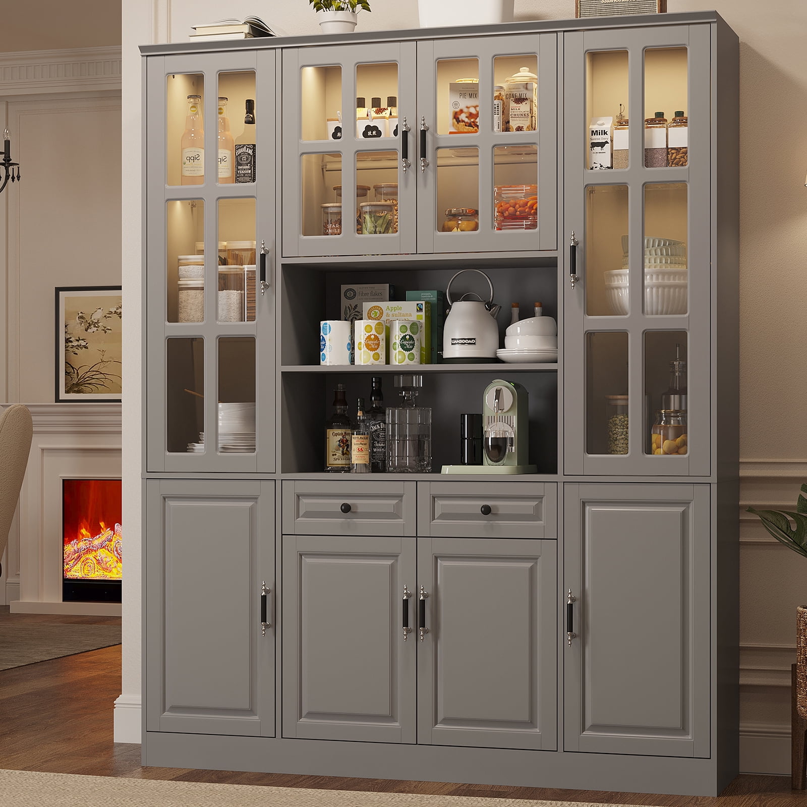 MEISSALIVVE 78.7" Kitchen Pantry Cabinet with Glass Doors & LED Lights, Freestanding Storage Hutch with Shelves, Gray Pantry Cupboard, 62.99" W x 15.7" D
