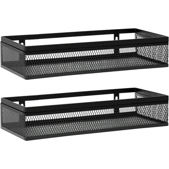 Wetheny Hanging Wall Mount Storage Baskets with Adhesive Hooks & Screwing, Metal Wire Organizer Baskets for Home Decor, Kitchen, Bathroom, Pantry, Laundry, Closet, Garage, RV Black 2 Packs (Netting)
