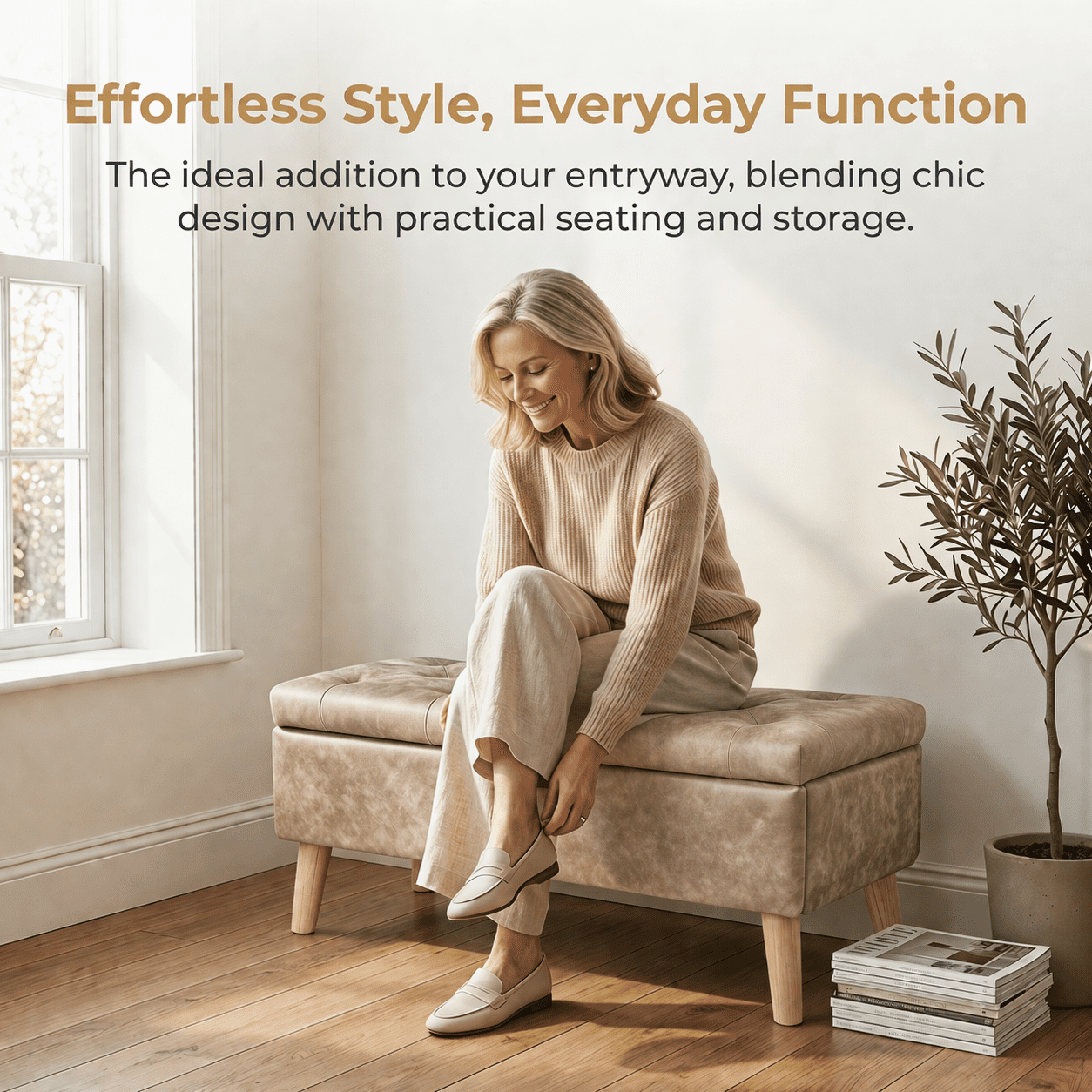 32" Wide Storage Ottoman Bench with Built-in Tray, Square Storage Ottoman for Extra Storage, Upholstered Footrest and End of Bed Bench, Perfect for Living Room, Bedroom, Sitting, Relaxing