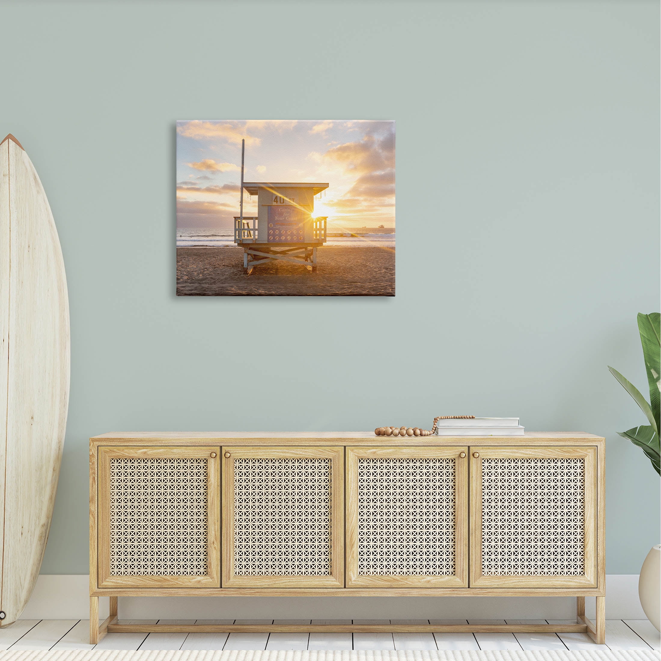 Beach Hut Sunset Flare Coastal Photograph Gallery Wrapped Canvas Print Wall Art