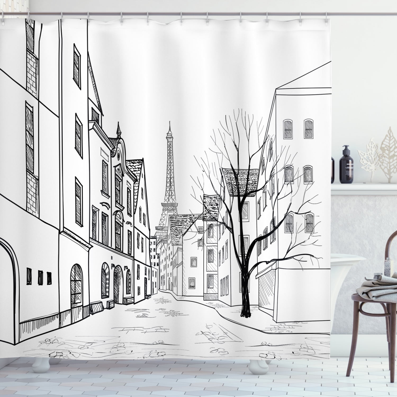 Eiffel Tower Decor Shower Curtain Set Paris Sketch Style Cafe Restaurant Landmark Canal Boat Streetlamp Retro Art Print Bathroom Accessories 69w X 70l Inches By Ambesonne Walmart Com
