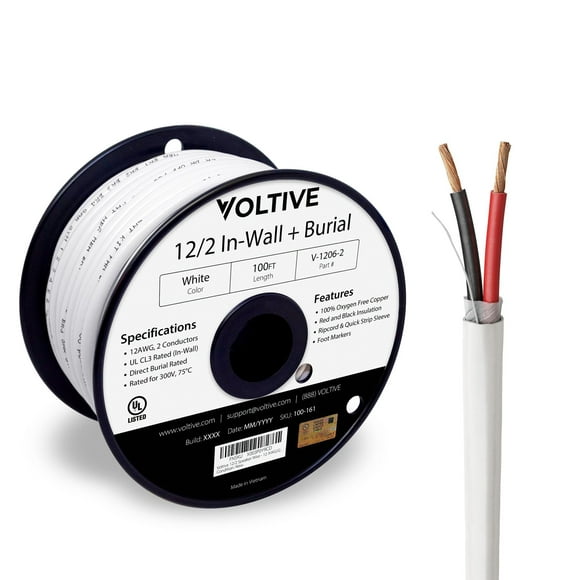 Voltive 12/2 Speaker Wire - 12 AWG/Gauge 2 Conductor - UL Listed in Wall (CL2/CL3) and Outdoor/In Ground (Direct Burial) Rated - Oxygen-Free Copper (OFC) - 100 Foot Spool - White