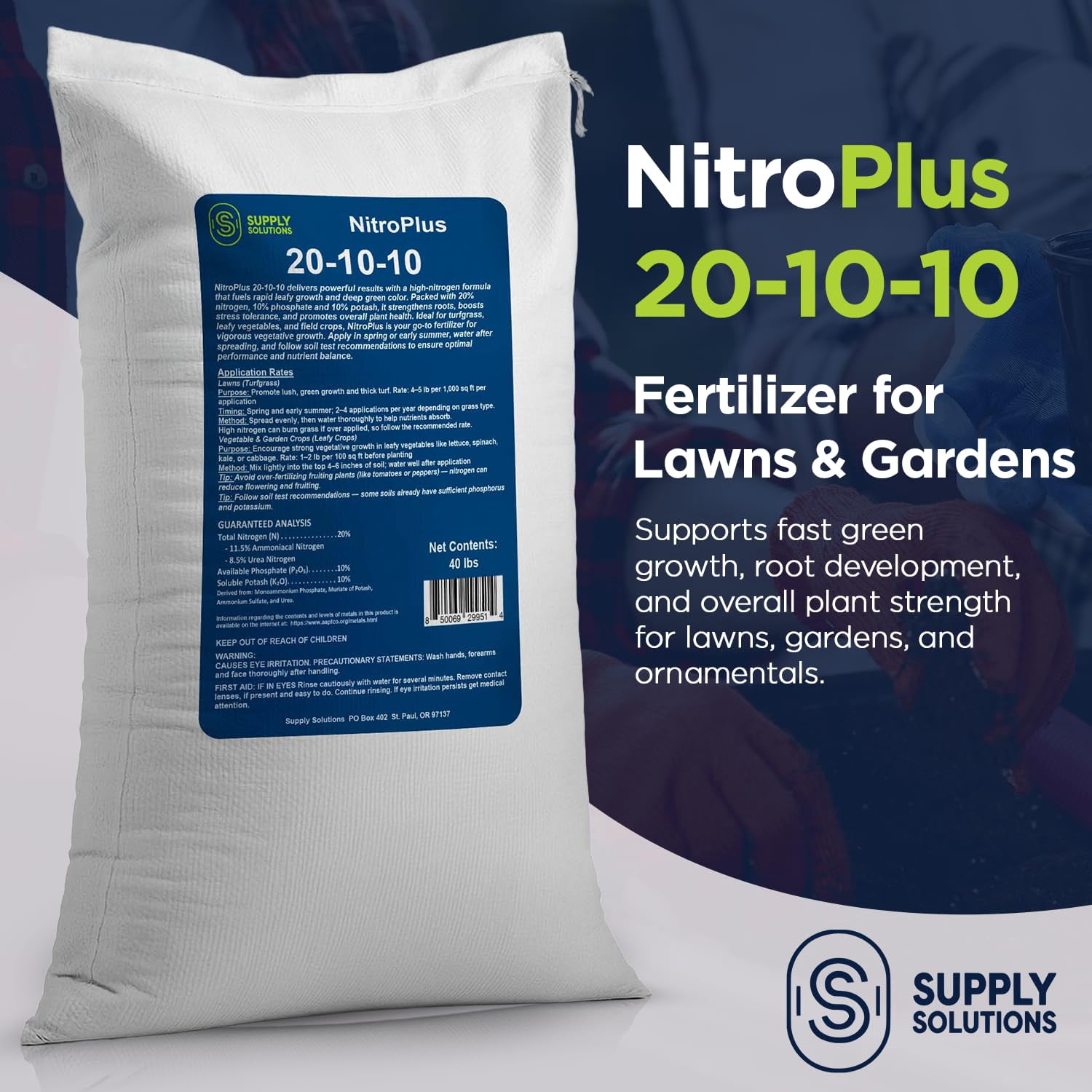 Supply Solutions NitroPlus 20-10-10 Fertilizer for Lawns and Gardens, All Purpose Lawn Fertilizer and Garden Fertilizer, Outdoor Plant Food with Nitrogen Phosphate and Potash Blend (40 Pounds)