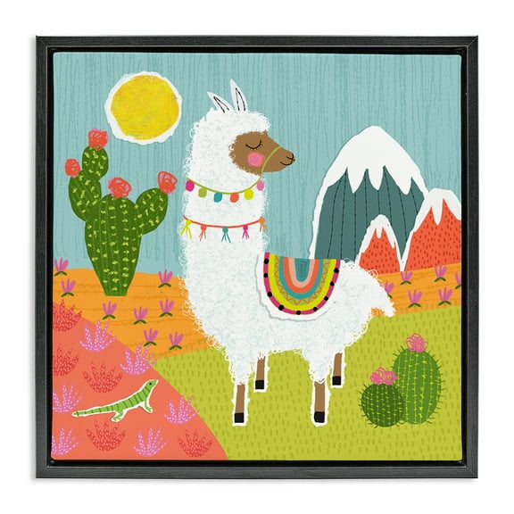 Stupell Industries Whimsical Llama Scene Animals Painting Black Floater Framed Canvas Art Print Wall Art, 18 x 18