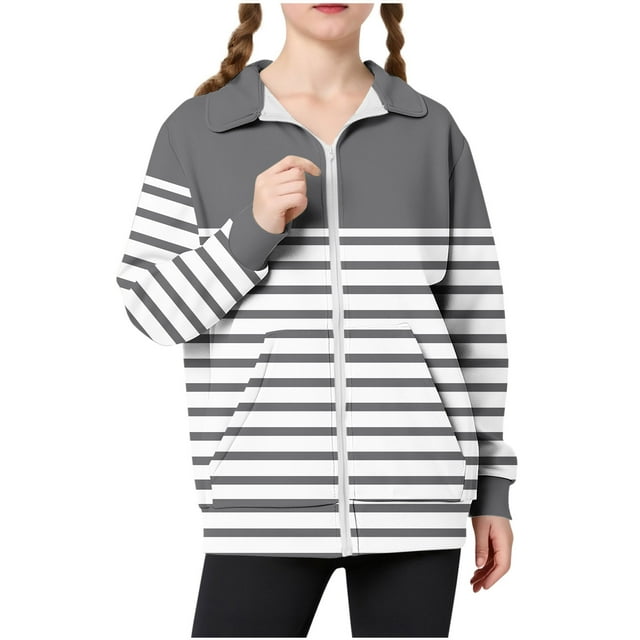 HAiming Kid's Striped Jacket Color Block Casual Long Sleeve Lapel Zipper Fall Winter Coat Top with Pockets