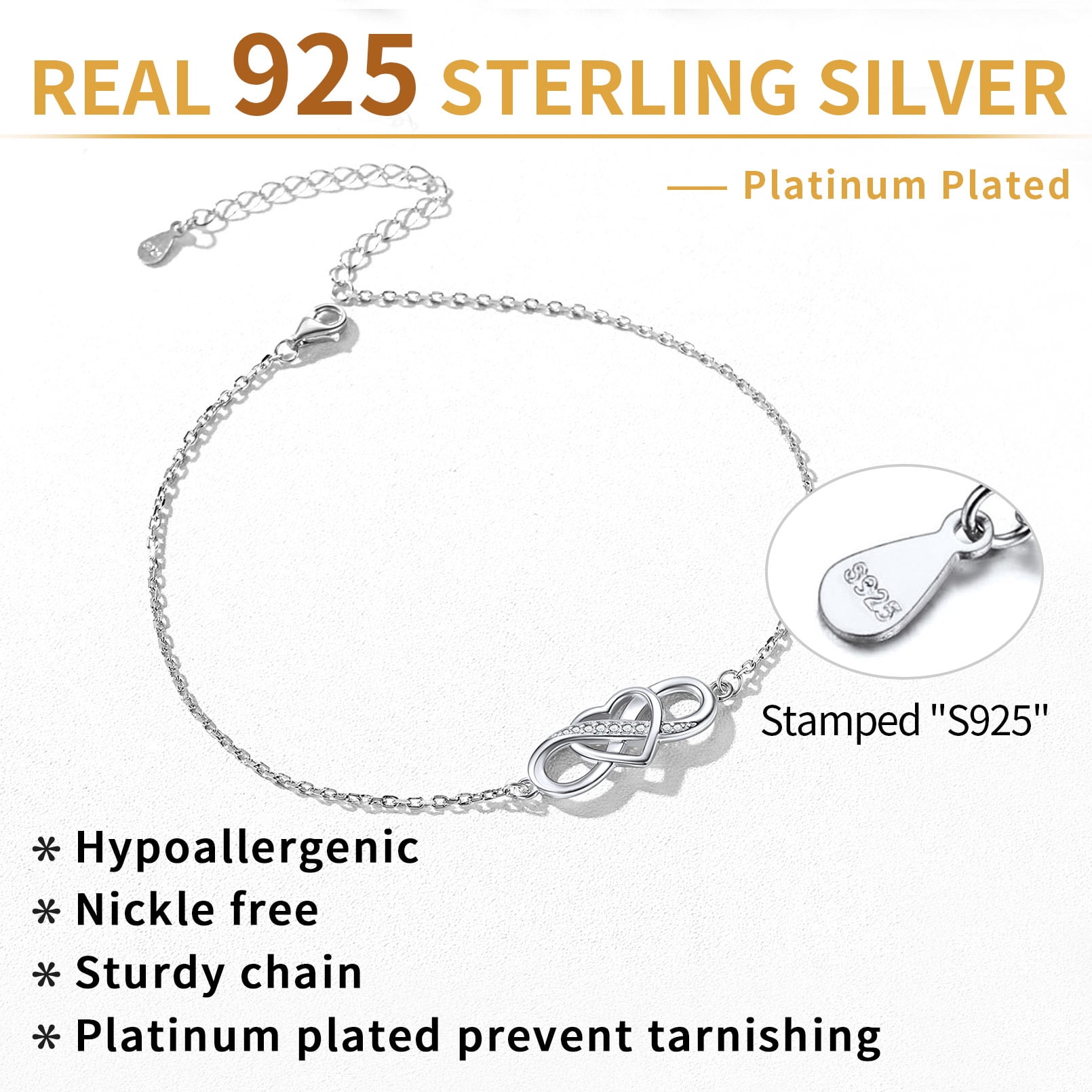 ChicSilver Sterling Silver Anklet Bracelet Women Heart Infinity Ankle Chain Charming Foot Jewelry for Summer Beach Party