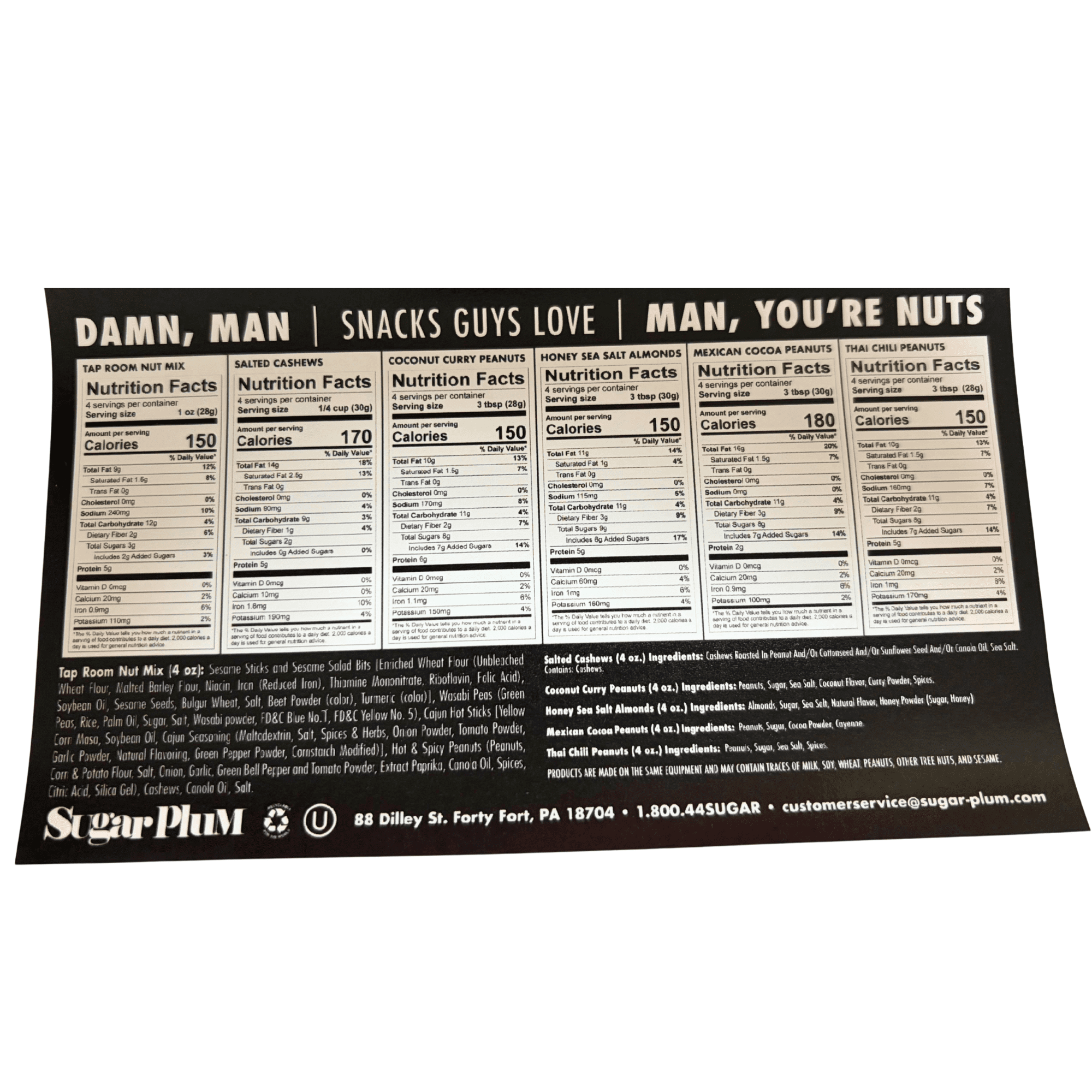 Damn, Man Gourmet Assorted Nut Box - Sweet & Salty Almonds Cashews & Peanuts - 6 Bags of Nuts - Father's Day Gift