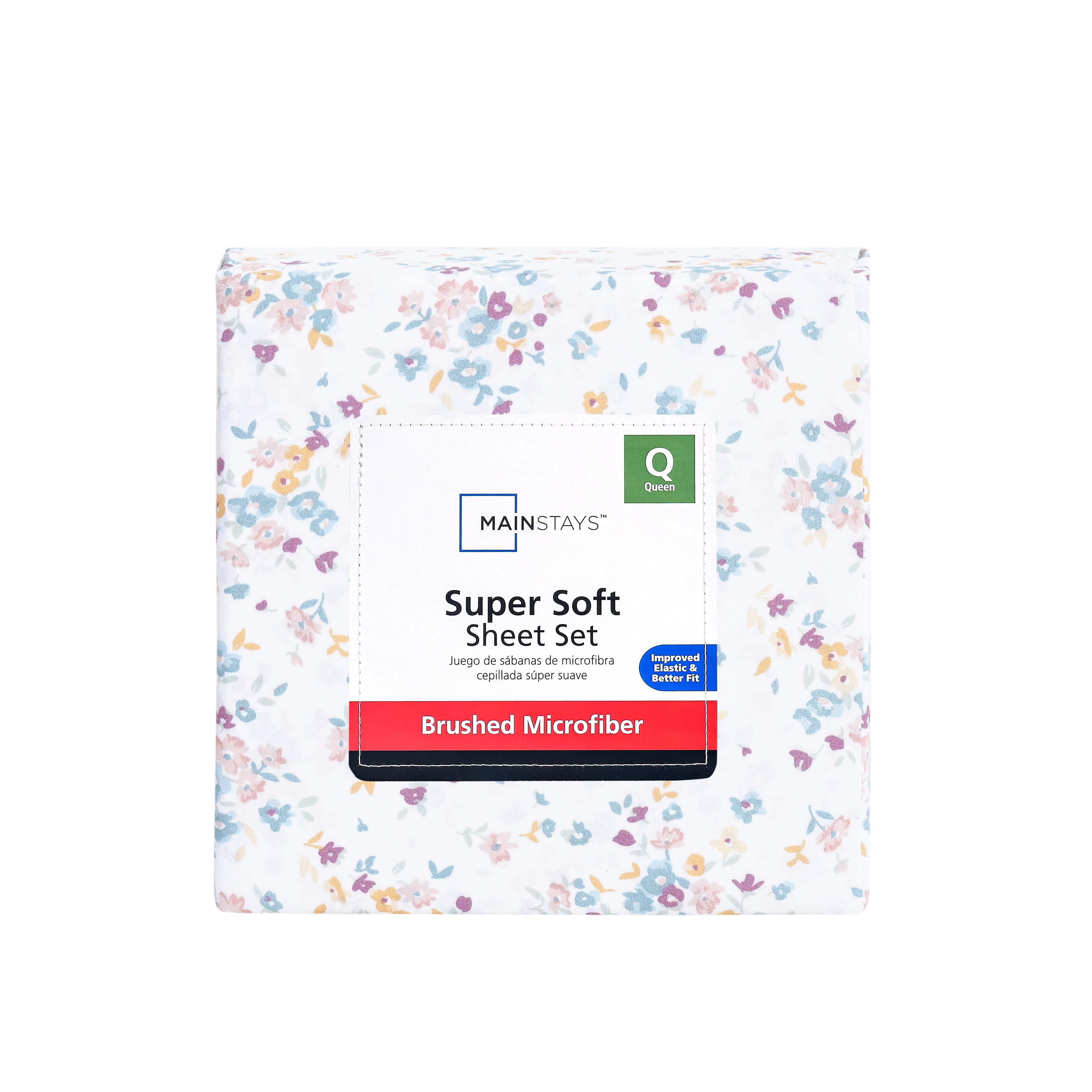 Mainstays Super Soft Brushed Microfiber Bed Sheet Set, White Floral, Queen, 4 Piece