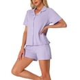 thumbnail image 4 of Womens Pajamas Set 100% Cotton Button Down Notch Collar Sleepwear Short Sleeve 2 Piece Suits with Pockets L Purple, 4 of 6