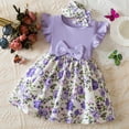 thumbnail image 2 of Toddler Girl Dresses Toddler Children Fly Sleeve Flowers Prints Bowknot Dresses Headband Suit Baby Girl Dress Purple 12 Months-18 Months, 2 of 7