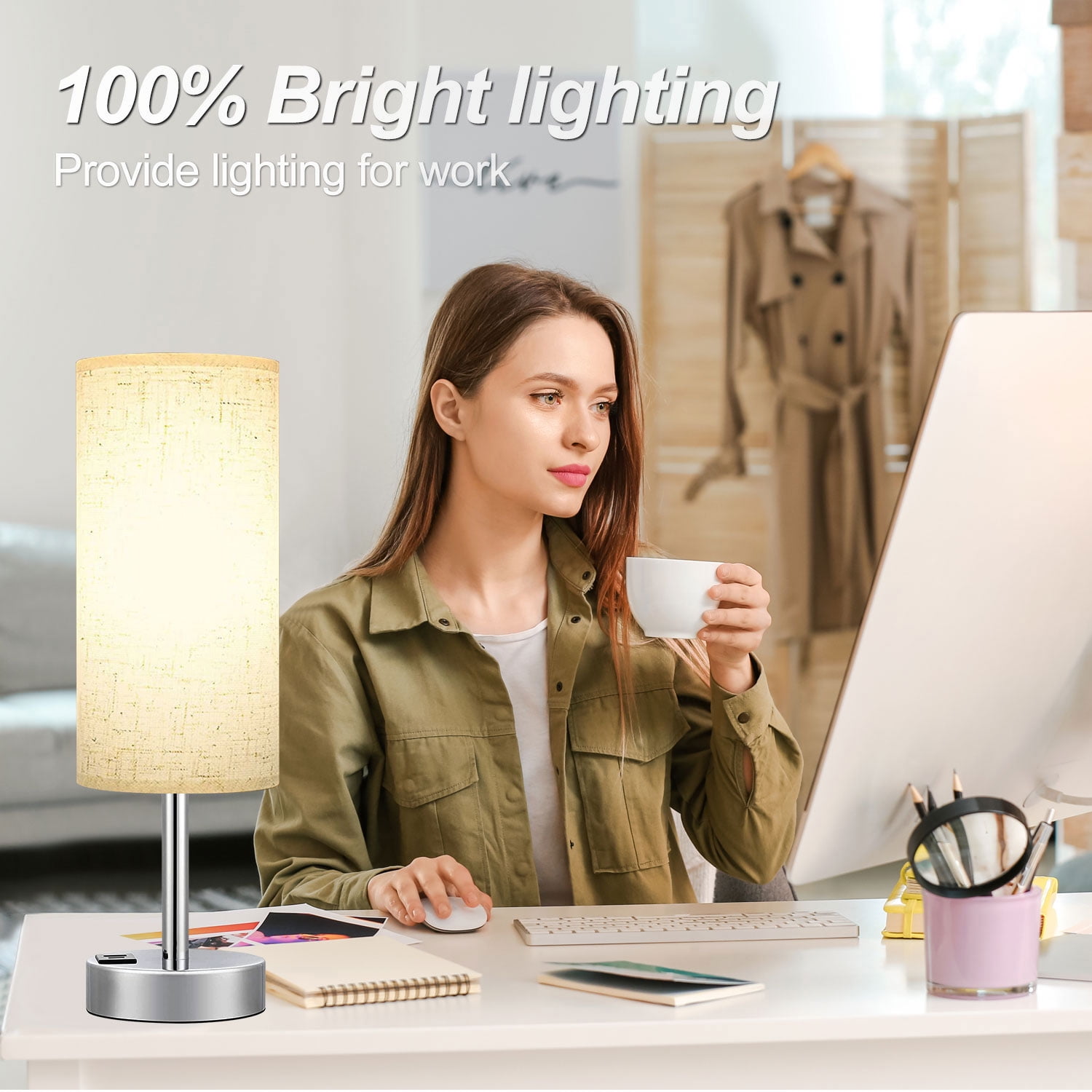 HadinEEon 15.4" Table Lamp, 3 Way Dimmable Light Touch Lamp, USB C&A Fast Charging Ports, Fabric Shade Silver Base, for Bedroom, Living Room, Office