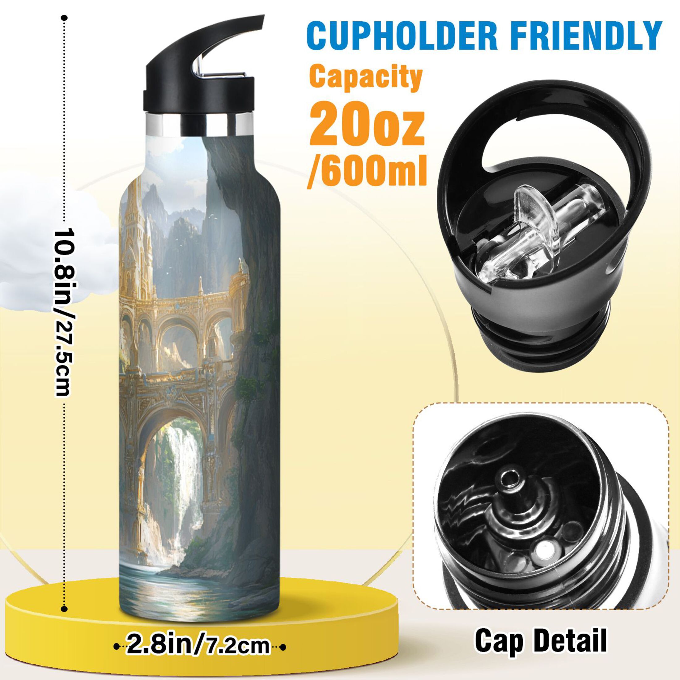 Kids Insulated Stainless Steel Sports Water Bottle 600ml (20oz) Fantasy City Bridge