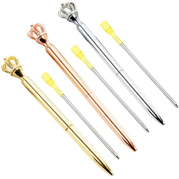 HTWW 3Pcs Crown Top Ballpoint Pens Metal Ball Pen for Women, Co-Workers, Girls- with 3Pcs Extra Ballpoint Pen Refills(Gold/Rose Gold/Silver)