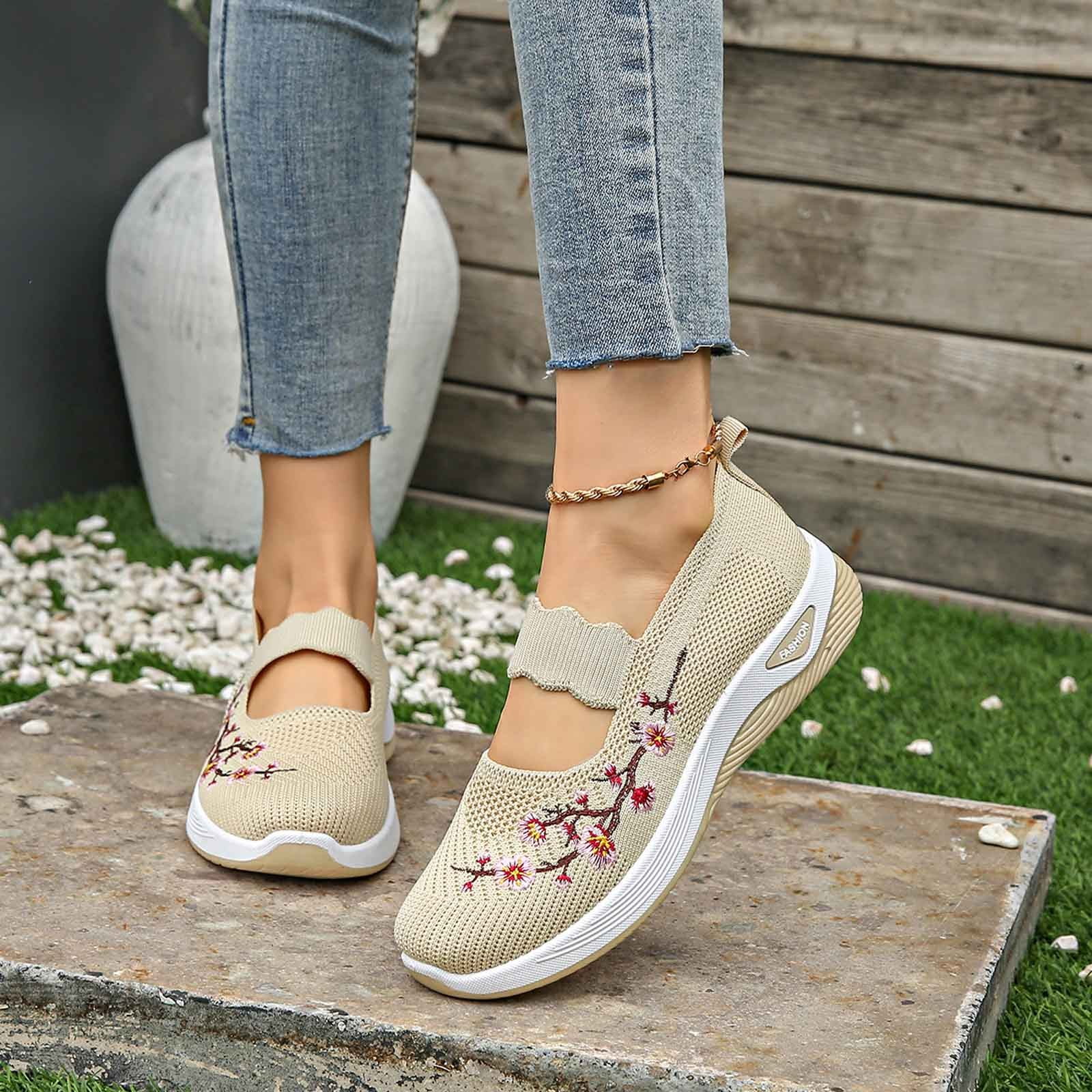 Women's Flower Embroidered On Knitting Flat Loafers,Mary Jane Breathable Elastic Mesh Comfy Platform Non Memory Foam Mom Walking Nurse Shoes Casual Walking Sneakers