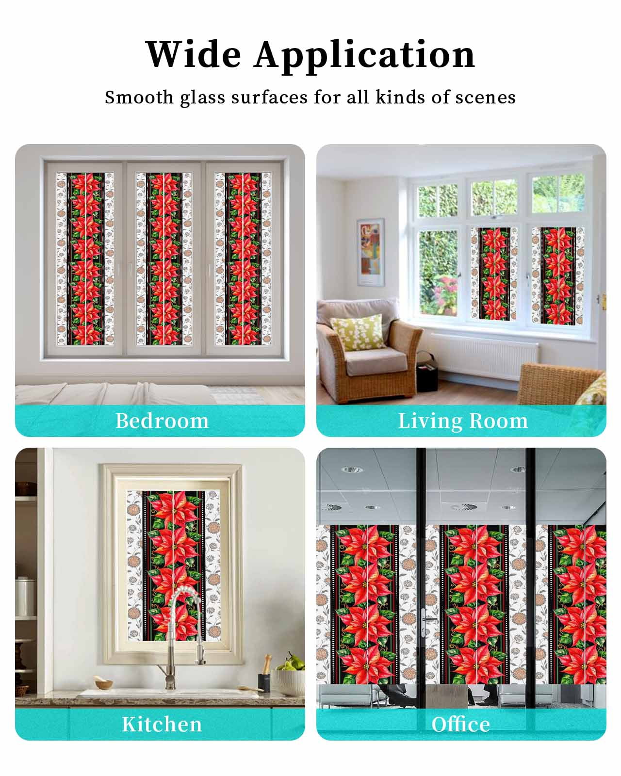 Red Christmas Window Privacy Film Stained Glass Window Film Decorative Windows Cover Static Windows Cling for Glass Door Xmas Botanical Poinsettia Stickers for Bathroom 29.5"x118"
