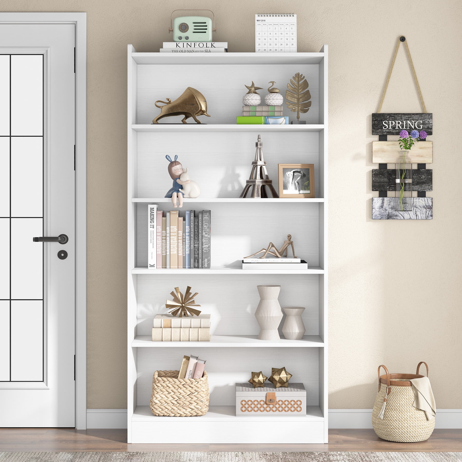 Demi Bonn Wood Bookcase, 72" Tall Bookshelf with Open Storage Shelves, 5-Tier Bookshelf for Bedroom, Living Room, White