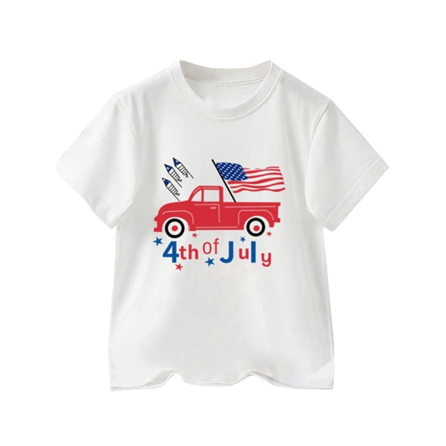 Gibobby Blusa Casual Para Niños Camisetas con estampado de camionetas con texto del 4 de julio para niños pequeños, camiseta con bandera americana, camisetas de manga corta pa(Blanco, 8-9 Años)