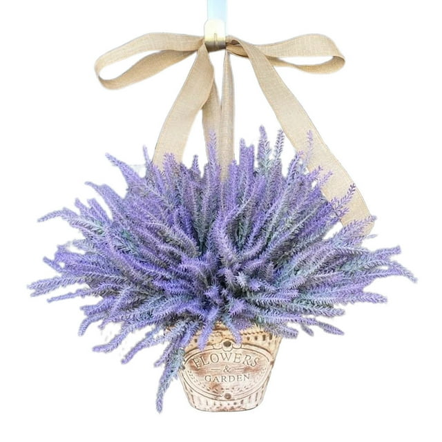 Cesta de flores para puerta, flores colgantes artificiales en cesta de corona de lavanda, decoración de jardín construida para el futuro