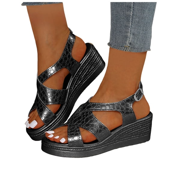 Rokment Women's Metallic Platform Wedge Sandals Vintage Comfortable Leather Open Toe Chunky High Heel Gladiator Walking Dress Sandal Beach Casual Dress Summer Shoes Black Size 6