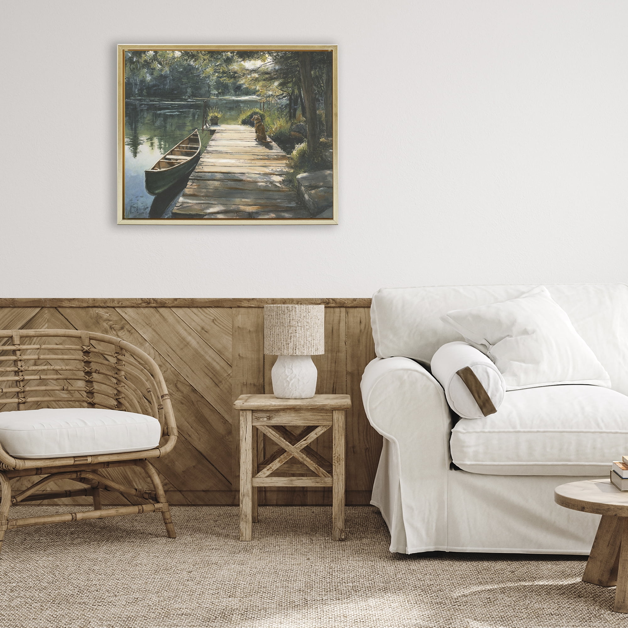 Lake Life Dog on Dock Gold Framed Floater Canvas Wall Art, design by Sara Culpepper