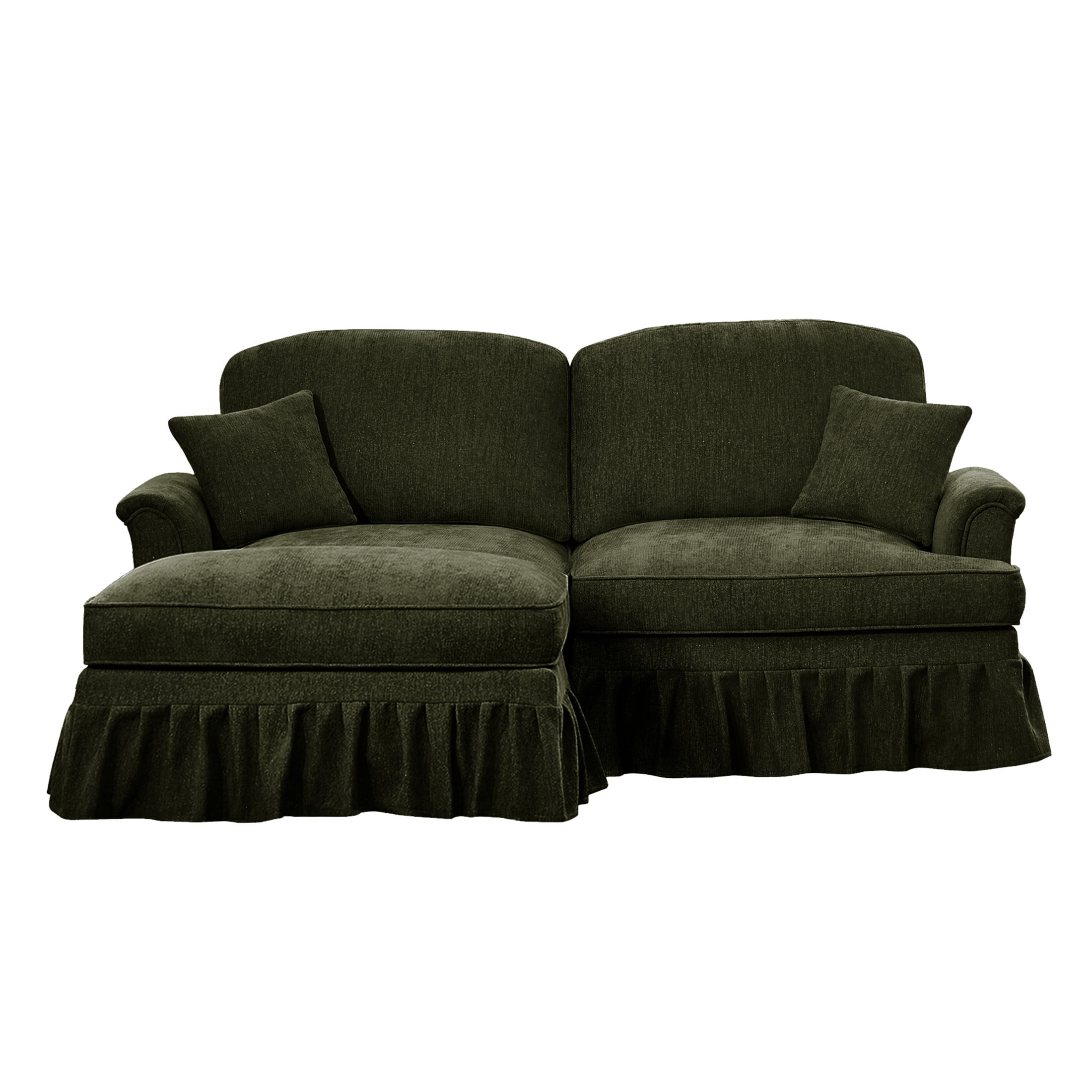 Noble House L-Shaped 2-Seater Sofa with Flared Arms, Removable Pleated Skirt, Spindle Legs, Chenille, Movable Ottoman, Green