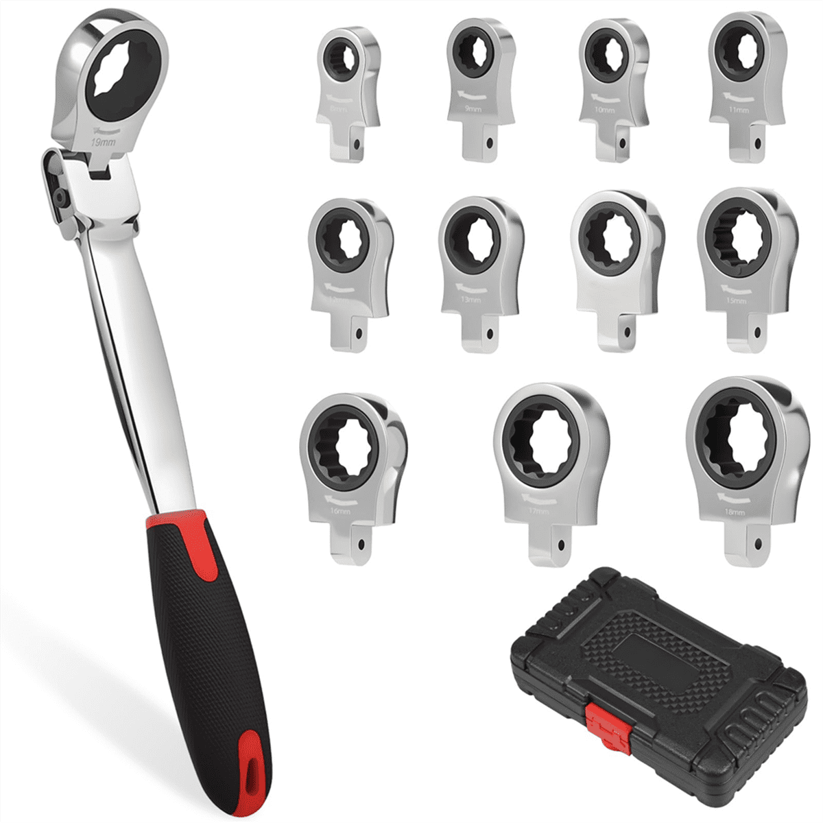 Flex Head Ratcheting Wrench Set, 8-19mm Metric Ratchet Wrench Tool with Interchangeable Heads & Storage