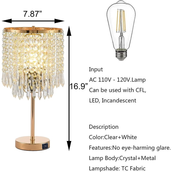 Crystal Table Lamps Set of 2, Gold Lamps for nightstand with 2 USB Charging Ports, 3-Way Touch Dimmable Crystal Lamp, Gold Bedside Lamp with Elegant Shade for Bedroom, Living Room