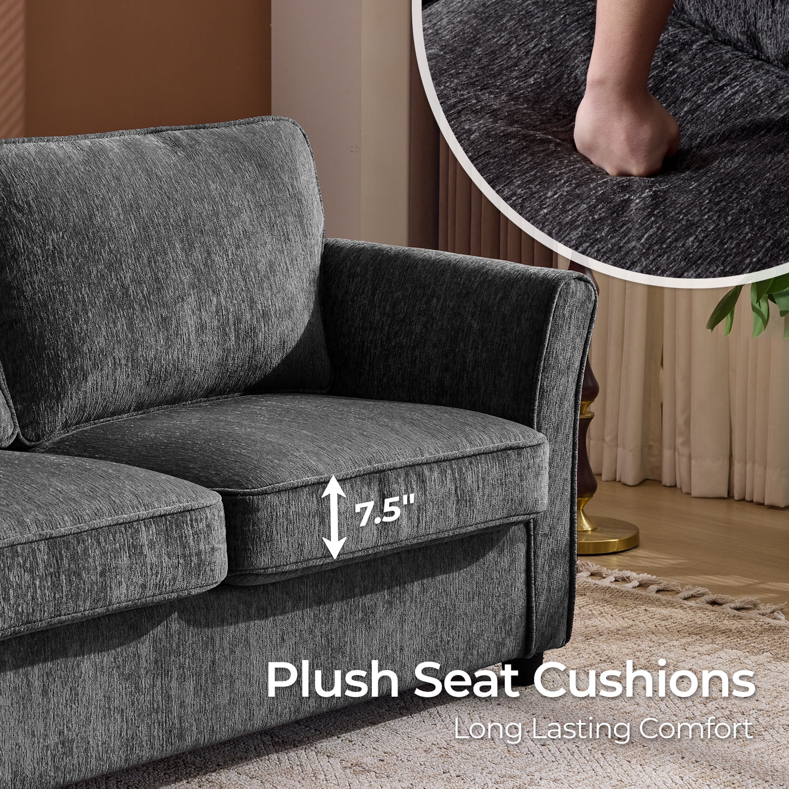 Ktaxon 68" Loveseat Sofa, 2-Seater Chenille Fabric Couch, Compact Sofa for Living Room, Bedroom, Apartment, Small Places Dark Gray