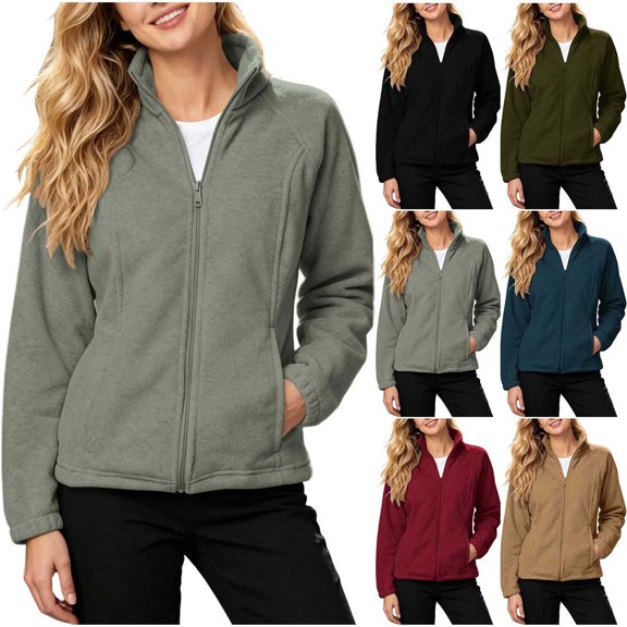 DYTTDG Women's Stand Collar Full Zip Fleece Jacket, Solid Long Sleeve Slim Fit Coat with Side Pockets Casual Lightweight Outerwear for Spring Fall Winter Daily Outdoor
