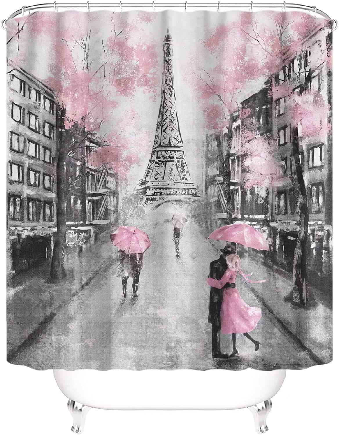 4Pcs Paris Eiffel Tower Pink Shower Curtain Sets Bathroom Set Decor with Non-Slip Rugs Bath U-Shaped Mat Toilet Lid Cover Waterproof Valentine Bathroom Curtains Shower Set with 12 Hooks