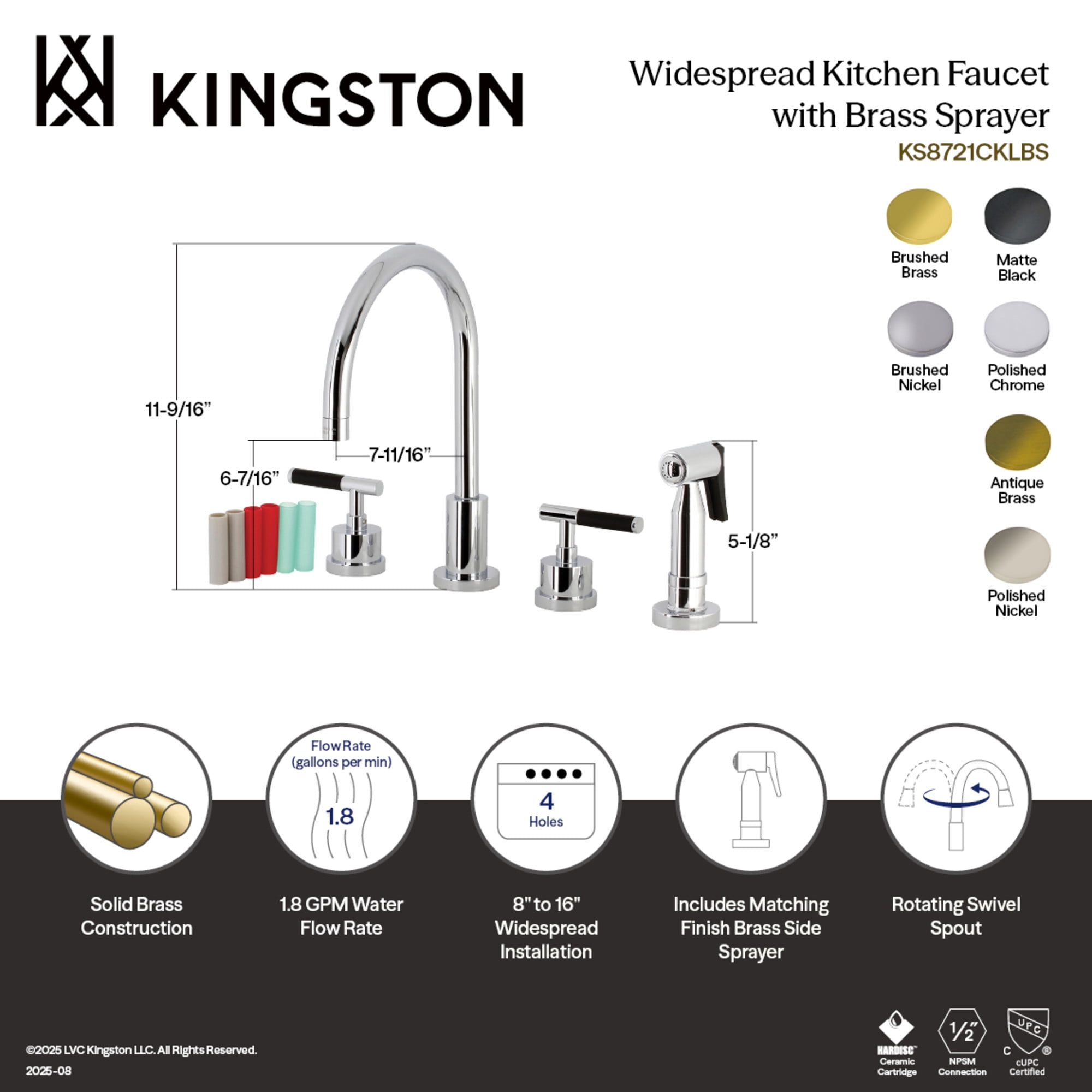 Kingston Brass KS8728CKLBS Kaiser Double-Handle 4-Hole Widespread Kitchen Faucet with Brass Sprayer in Brushed Nickel