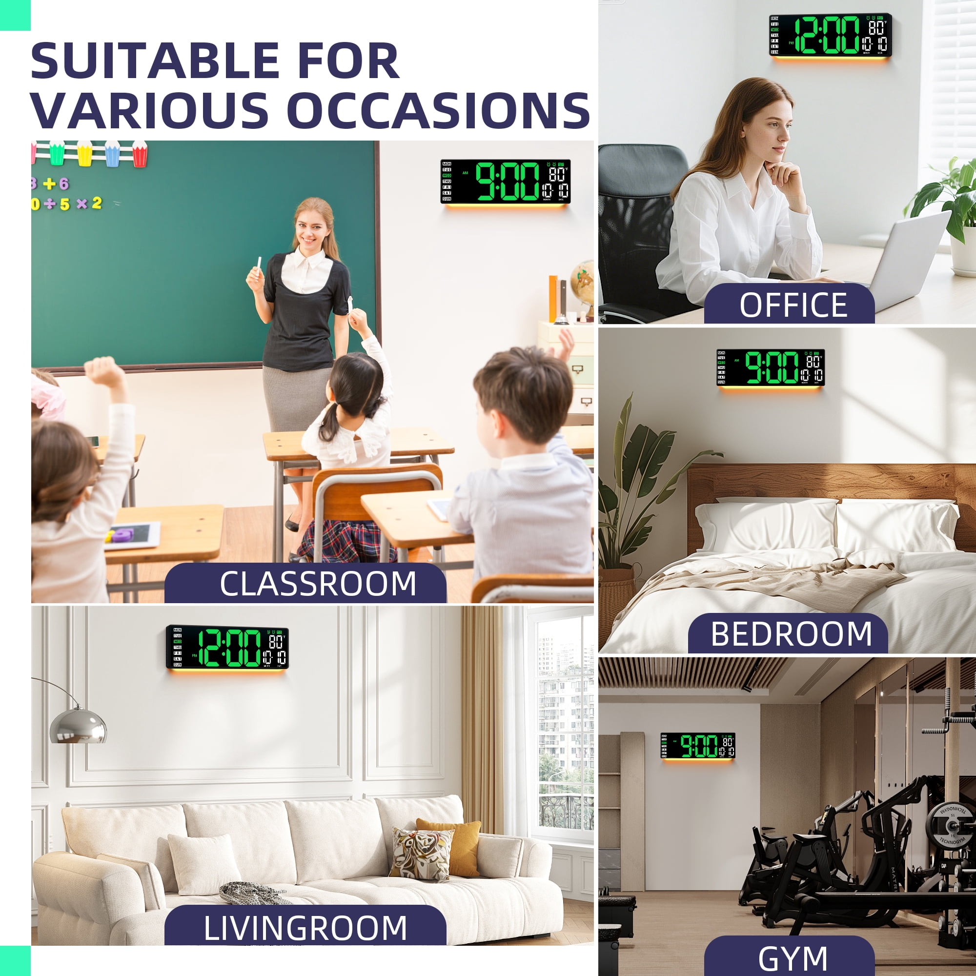 16.5" Large Digital Wall Clock with Remote Control, Auto-Dimming LED Display with Date Temp, Big Number Wall Mount Decor Clock for Seniors, Classroom, Dorm, Home, Office, Gym Green