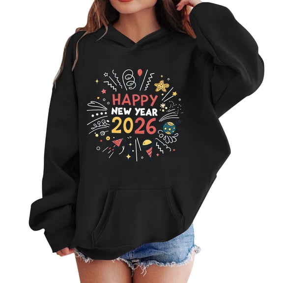SonxaHe Toddler Girls' Hooded Sweatshirt Happy New Year Long Sleeve Hoodie Child Holiday Festival Cozy Winter Hoodies Black,Sized 2-3