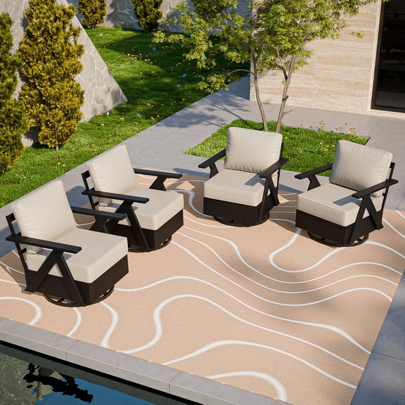 COOS BAY Iron Luxe 4 PCS Modern Outdoor Swivel Rocking Chairs,Aluminum Patio Furniture Set, Black/Beige