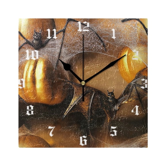 Square Wall Clock Silent Non-Ticking Battery Operated Retro 7.78" Clock for Bedroom Living Room Decor Golden Pumpkin and Bat
